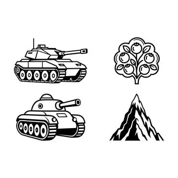 Set of military tanks fruit tree and mountain icons Stock Illustration