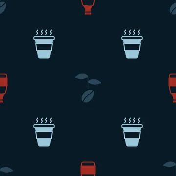 Set Milk bottle, Coffee beans and cup to go on seamless pattern. Vector Illustrazione stock