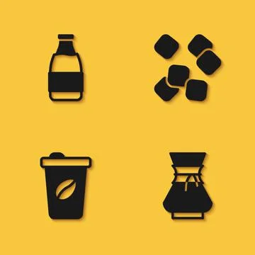 Set Milk bottle, Pour over coffee maker, Coffee cup to go and Sugar cubes icon Ilustração Stock