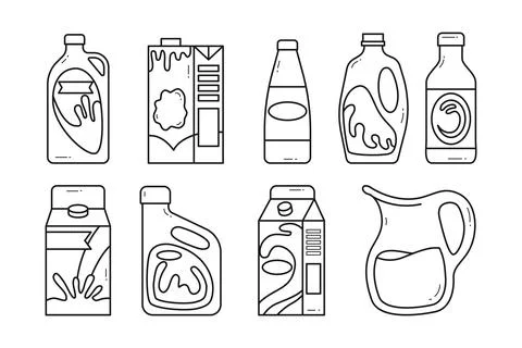 Set of milk Boxes Set Outline, Milk box line art, Full cream organic farm M.. Stock Illustration