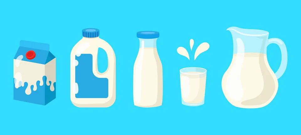 A set of milk in different packages. Vector illustration in flat style. Illustrazione stock