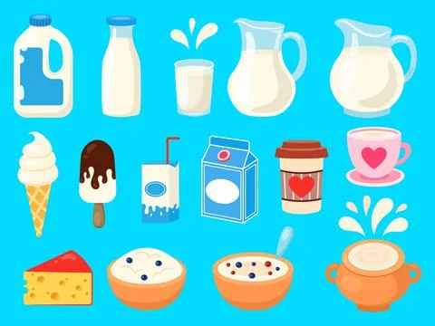 A set of milk in different packages. Vector stickers in flat style Illustrazione stock