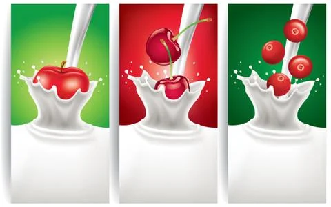 Set of milk flow with apple, cherry, cranberry Stock Illustration