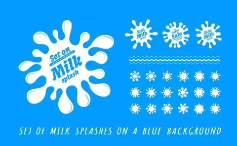 Set of milk splashes, spots, frames. Vector illustration on blue background Stock Illustration