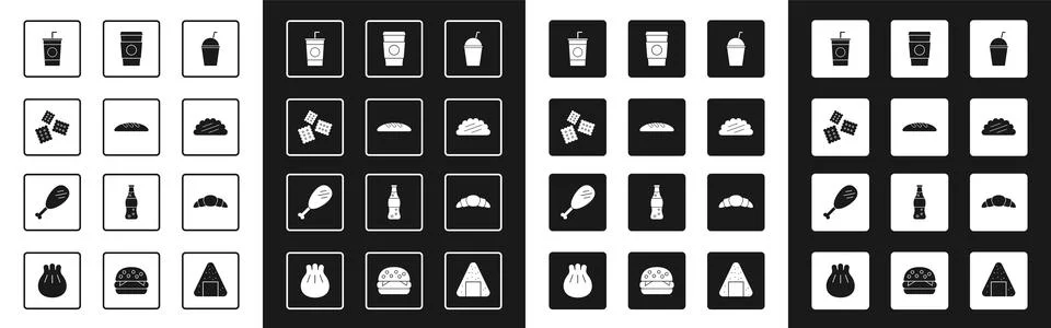 Set Milkshake, Bread loaf, Cracker biscuit, Paper glass with straw, Taco to.. Stock Illustration