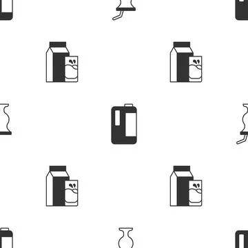 Set Milkshake, in plastic bottle and Paper package for kefir on seamless pattern Illustrazione stock