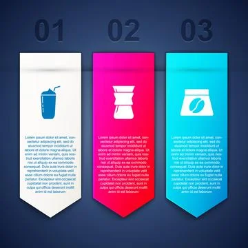 Set Milkshake, Pour over coffee maker and Bag of coffee beans. Business inf.. Ilustração Stock