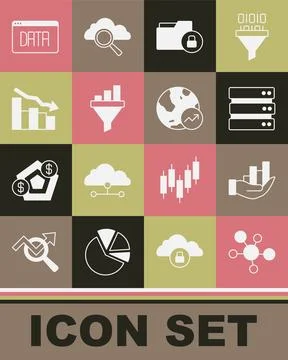 Set Mind map infographic, Pie chart, Server, Folder and lock, Sales funnel .. Stock Illustration