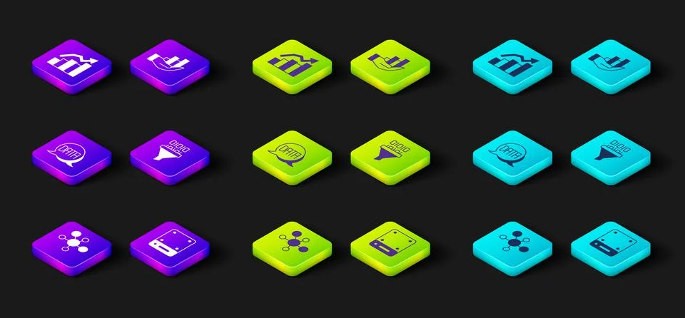 Set Mind map infographic, Server, Data analysis, Binary code, Pie chart and F 스톡 일러스트