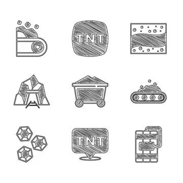 Set Mine coal trolley, Dynamite, Conveyor belt carrying, Gem stone, entrance 스톡 일러스트