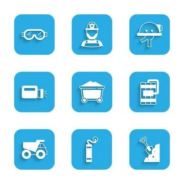 Set Mine coal trolley, Dynamite, Shovel and stone, Mining dump truck, Flashlight Stock Illustration