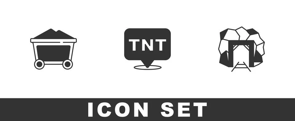 Set Mine coal trolley, Dynamite and entrance icon. Vector 库存插图