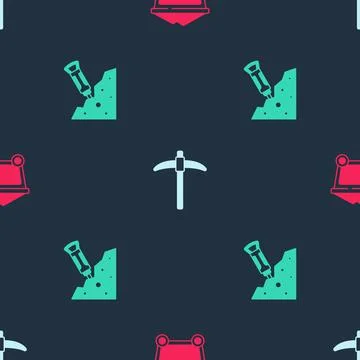 Set Mine coal trolley, Pickaxe and Construction jackhammer on seamless pattern Stock Illustration