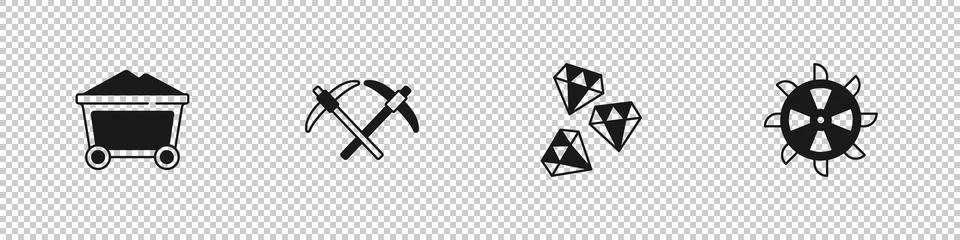 Set Mine coal trolley, Pickaxe, Gem stone and Bucket wheel excavator icon. .. Stock Illustration