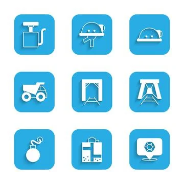 Set Mine entrance, Gem stone, Bomb, Mining dump truck, Miner helmet and Handle Stock Illustration