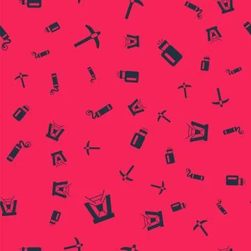 Set Mine entrance, Pickaxe, Dynamite and Flashlight on seamless pattern. Vector Stock Illustration
