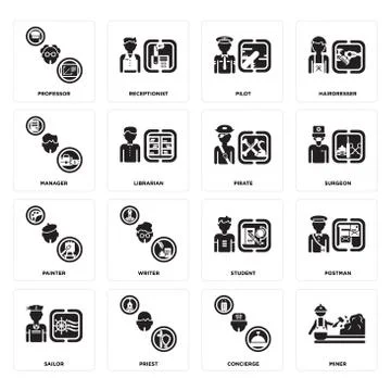 Set of Miner, Concierge, Sailor, Student, Painter, Pirate, Manager, Pilot, Pr Free Stock Illustration