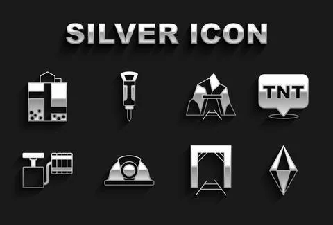 Set Miner helmet, Dynamite, Gem stone, entrance, Handle detonator, and Illustrazione stock