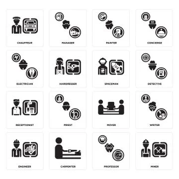 Set of Miner, Professor, Engineer, mover, Receptionist, Spaceman, Electrician Free Stock Illustration