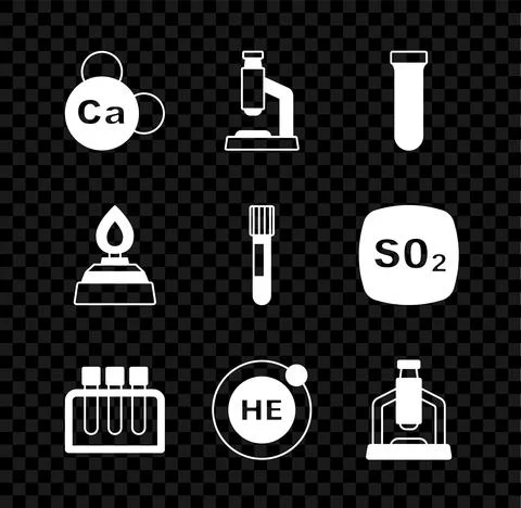 Set Mineral Ca Calcium, Microscope, Test tube, Helium, Alcohol or spirit burner Stock Illustration