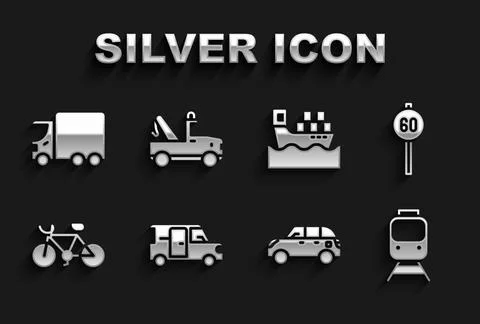 Set Minibus, Speed limit traffic, Train and railway, Hatchback car, Bicycle.. Illustration