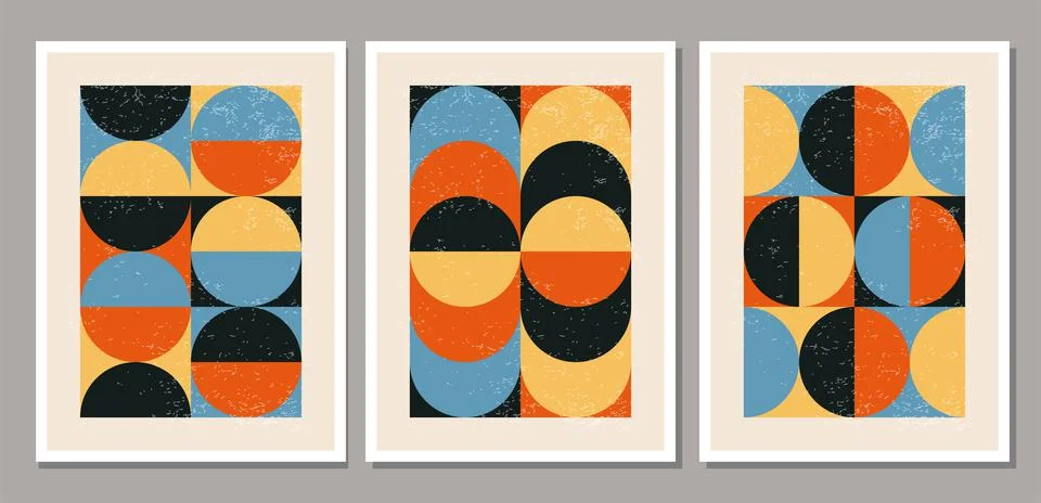 Set of minimal 20s geometric design poster, vector template primitive shapes Stock Illustration
