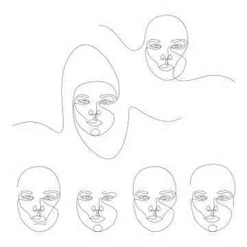 Set of minimal and abstract continuous line drawings of portrait of a beautiful Stock Illustration