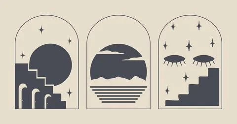 Set of minimal boho linear symbols. Celestial concept. Frame with arch, sun Stock Illustration
