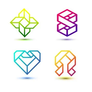 Set of minimal geometric multicolor striped shapes. Trendy flat icons and log Stock Illustration