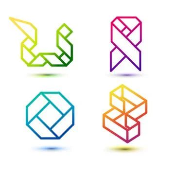 Set of minimal geometric multicolor striped shapes. Trendy flat icons and log Stock Illustration