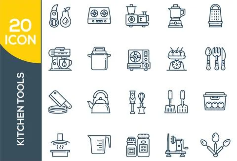 Set of minimal kitchen tools or cooking icon isolated modern outline on white Stock Illustration