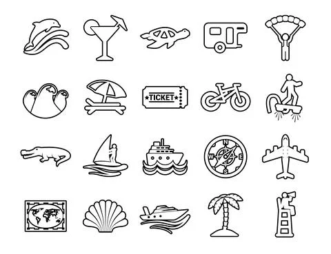 Set Minimal Modern Thin Stroke Black Icons Travel beach ocean Hotel on White  Stock Illustration