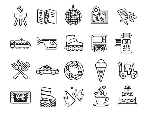 Set Minimal Modern Thin Stroke Black Icons Travel beach ocean Hotel on White  Stock Illustration