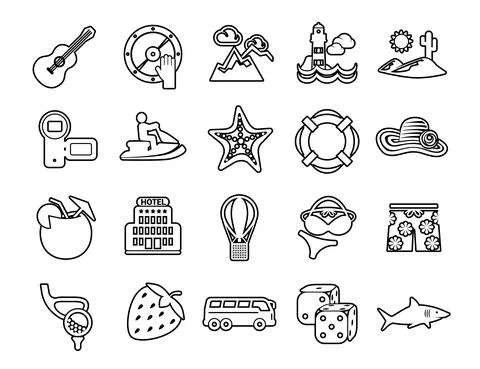 Set Minimal Modern Thin Stroke Black Icons Travel beach ocean Hotel on White  Stock Illustration