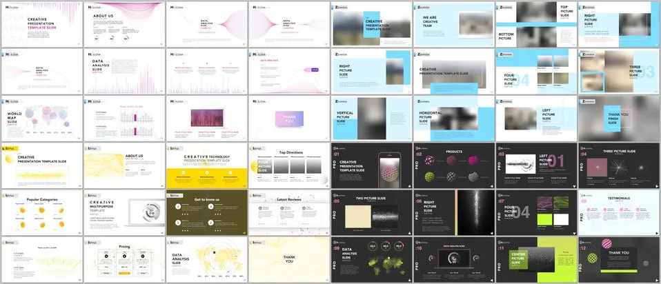 Set of minimal presentation templates.Tech elements on white or black background Illustrazione stock