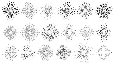 Set of minimal vector line icons representing fireworks, spark bursts, and co 스톡 일러스트
