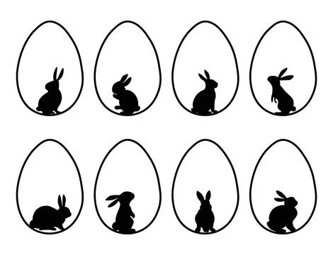 Set of minimalist black Easter bunny silhouettes in egg shapes. Design conc.. Stock Illustration