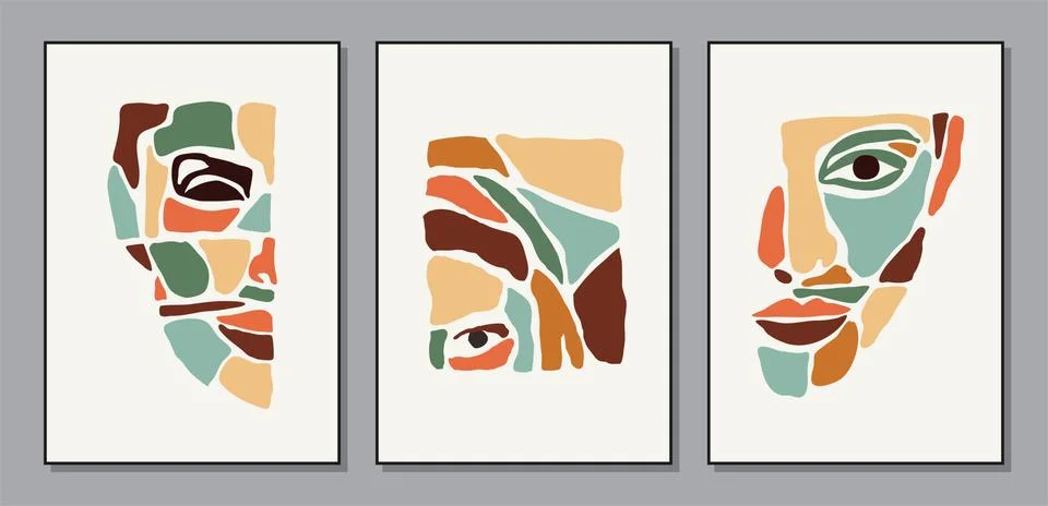 Set of minimalist contemporary portrait of woman beauty surreal face Stock Illustration