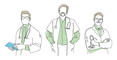 Set of minimalist continuous line art drawing illustrations of male doctors.. Stock Illustration