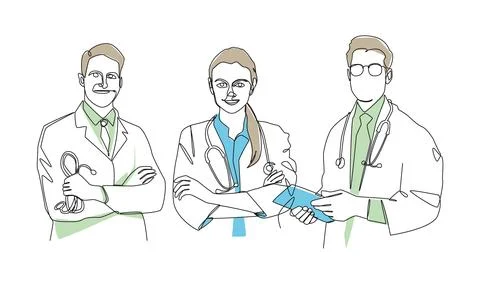 Set of minimalist continuous line art drawing illustrations of doctors . Ed.. Illustrazione stock