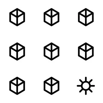 Set of Minimalist Geometric Cube Icons and a Sun Symbol for Digital Interfa.. Stock-Illustration