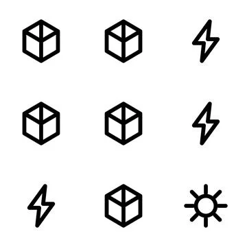 Set of Minimalist Icons Featuring Three-Dimensional Cubes and Lightning Symbo Stock-Illustration