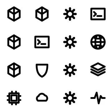Set of Minimalist Technology and System Icons Displayed on a White Background Stock Illustration