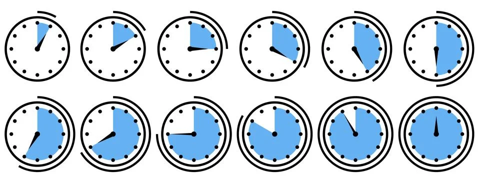 A set of minimalist time progress clock icons showing various time segments w Stock Illustration