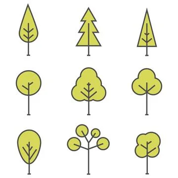 Set of minimalist tree icons in thin line and flat design style Illustrazione stock