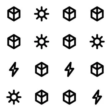 Set of Minimalist Vector Icons Featuring Geometric Cube Sun and Lightning B.. Illustrazione stock