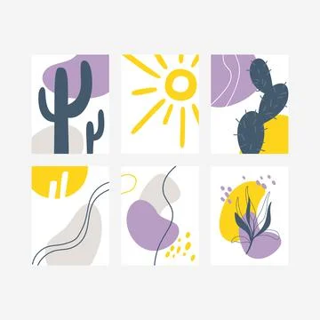 Set of Minimalistic abstract posters. Posters with decorative branch, sun, ca Stock Illustration
