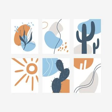 Set of Minimalistic abstract posters. Posters with decorative branch, sun, ca Illustrazione stock