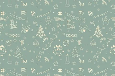 Set of minimalistic Christmas elements in doodle style on blue background Illustrazione stock