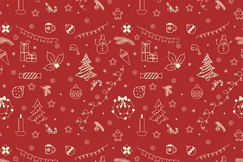Set of minimalistic Christmas elements in doodle style on red background Stock Illustration
